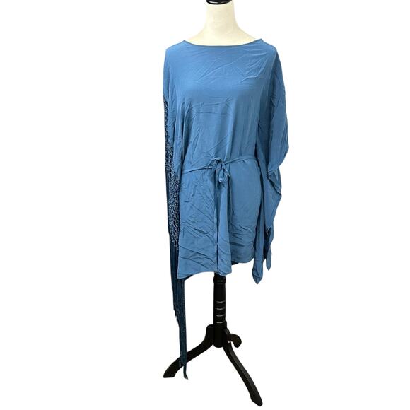 Boho Luxe Fringe Tunic Dress Gold Hawk Blue Silk‎ Crochet Festival Size M - Picture 2 of 7